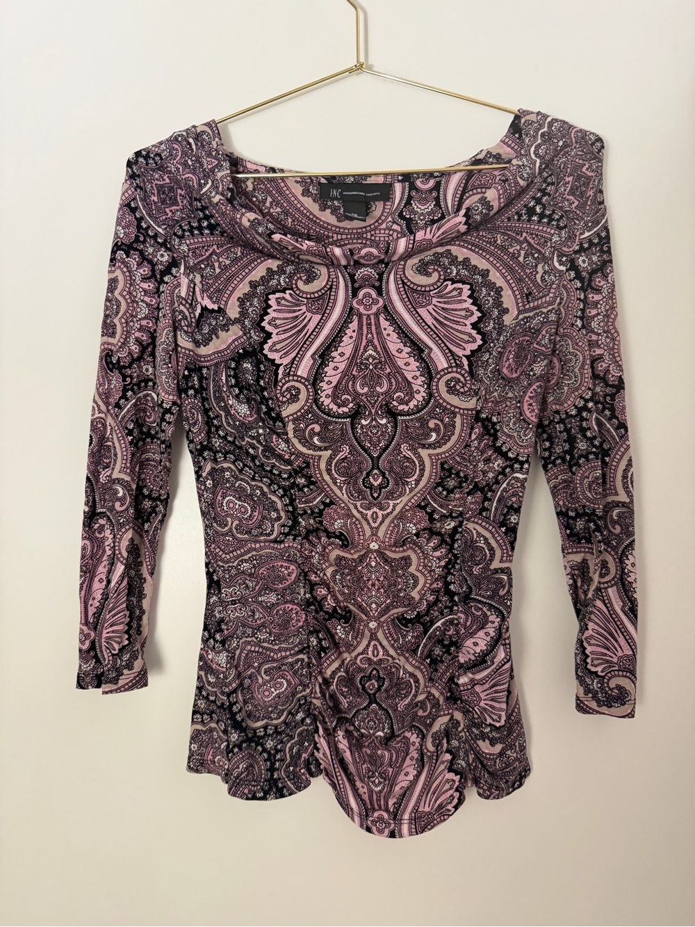 INC International Concepts Pink & Black Paisley Scoop-Neck Long Sleeve Top